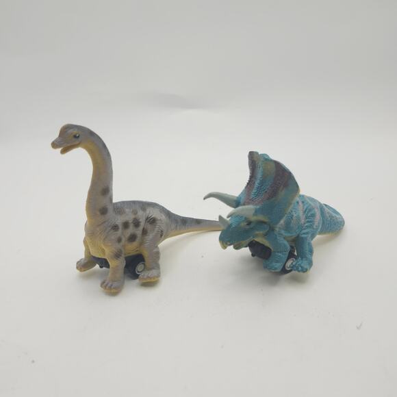 Pull Back Dinosaur Car Toys Lot of 2 Triceratops & Sauropod Friction Racer Set - Picture 1 of 8